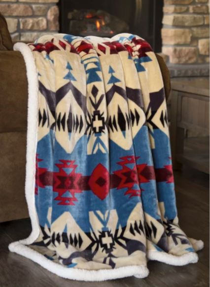 Carstens Cream & Blue Southwestern River Fleece Throw