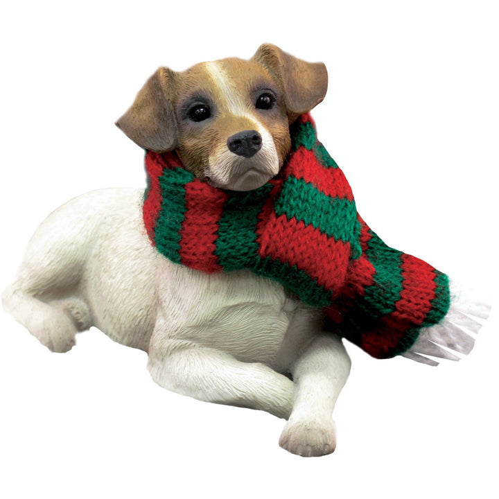 Sandicast Jack Russell Terrier with Red and Green Scarf Christmas Ornament